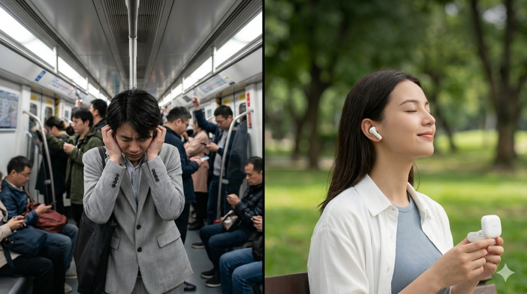 Pessoa em ambiente barulhento vs pessoa tranquila com redmi buds 6