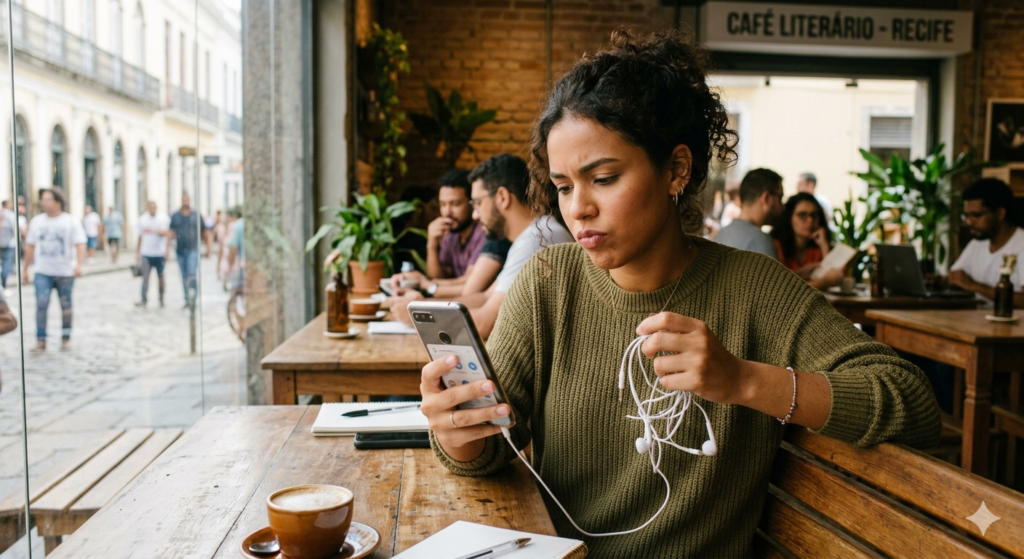 Pessoa olhando para o celular com  expressão pensativa ou indecisa
com fone na mão ou usando celular