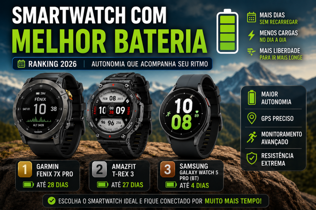 Smartwatch com melhor bateria em 2026 (Ranking atualizado e definitivo)