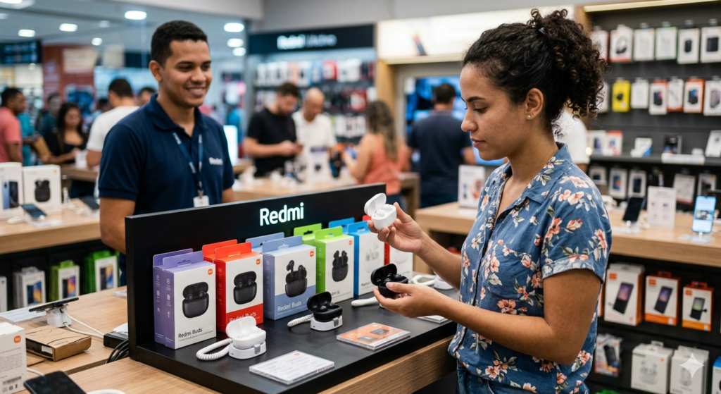 Pessoa escolhendo entre fones de ouvido bluetooth Xiaomi Redmi Buds