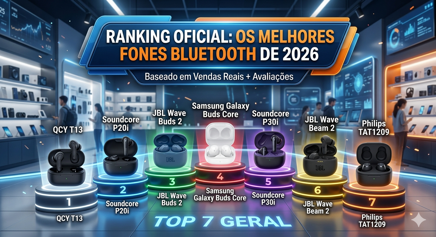 Ranking Oficial: Os Melhores Fones Bluetooth de 2026 Baseado em Vendas Reais + Avaliações Top 7 geral QCY T13 Soundcore P20i JBL Wave Buds 2 Samsung Galaxy Buds Core Soundcore P30i JBL Wave Beam 2 Philips TAT1209