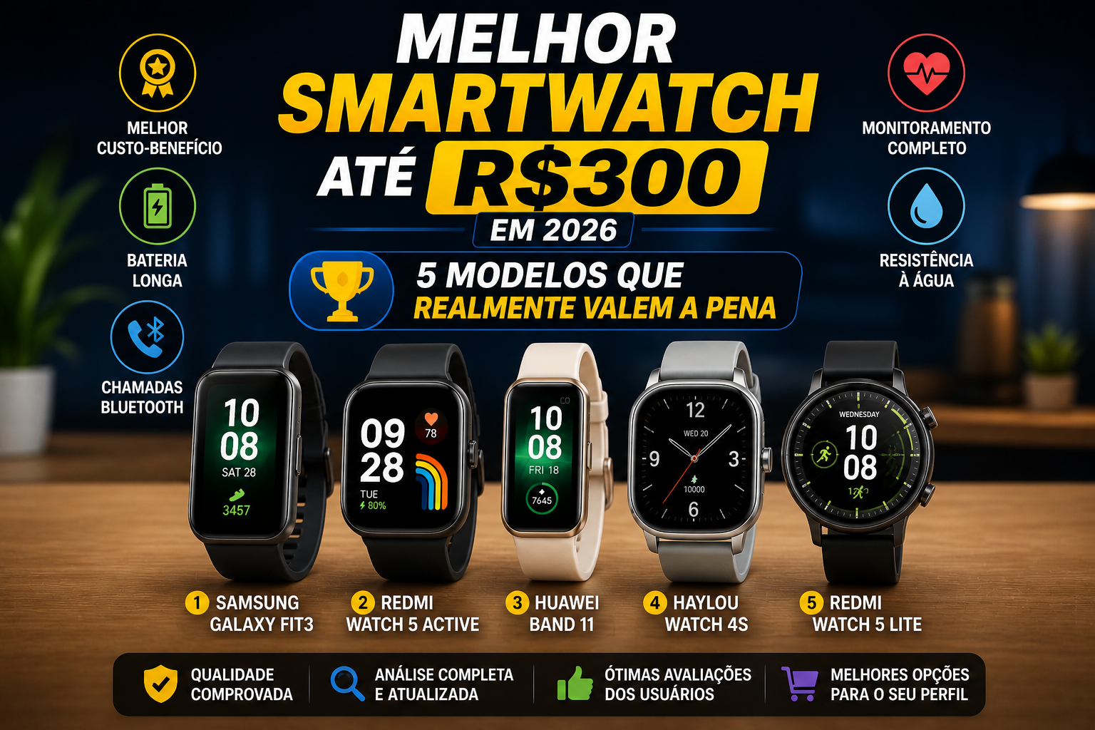 Melhor smartwatch até R$300 em 2026: 6 modelos que realmente valem a pena.